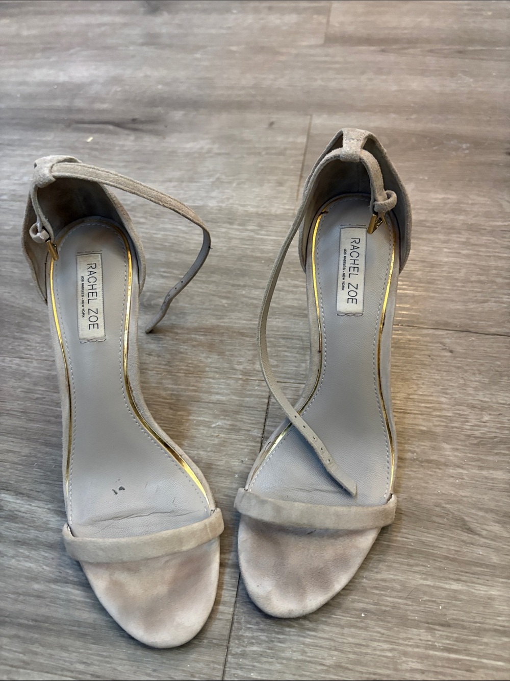 Rachel Zoe Taupe Suede Open-Toe Ankle-Strap Heels